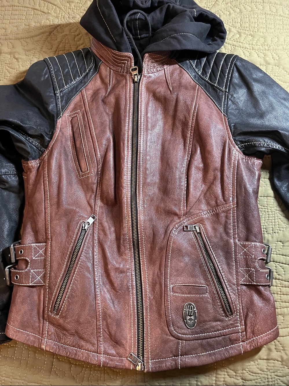 HARLEY DAVIDSON Ladies 3in1 Brown/Black Leather Moto Jacket Embroidered PERFECT - Picture 6 of 10